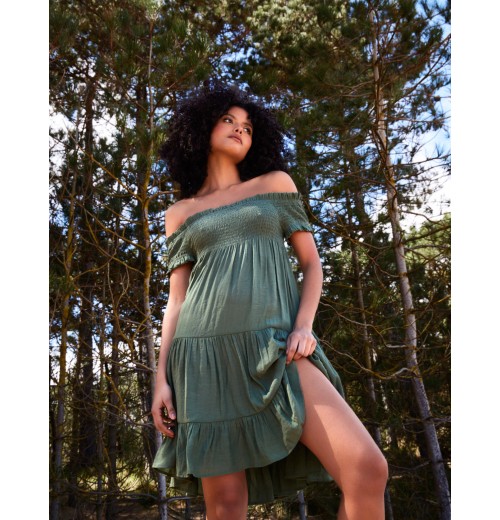 Bardot Shirred Neck Line Floaty Dress Bardot Shirred Neck Line Floaty Dress