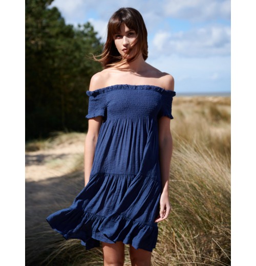 Bardot Shirred Neck Line Floaty Dress Bardot Shirred Neck Line Floaty Dress