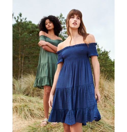 Bardot Shirred Neck Line Floaty Dress Bardot Shirred Neck Line Floaty Dress