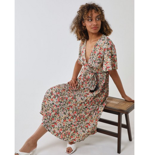 Wrap Front Pleated Hem Dress With Angel Sleeves Wrap Front Pleated Hem Dress With Angel Sleeves
