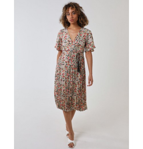 Wrap Front Pleated Hem Dress With Angel Sleeves Wrap Front Pleated Hem Dress With Angel Sleeves