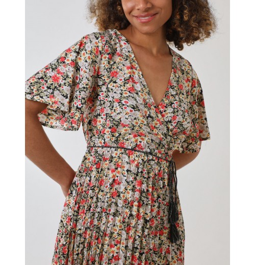 Wrap Front Pleated Hem Dress With Angel Sleeves Wrap Front Pleated Hem Dress With Angel Sleeves