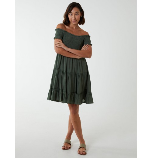 Bardot Shirred Neck Line Floaty Dress Bardot Shirred Neck Line Floaty Dress