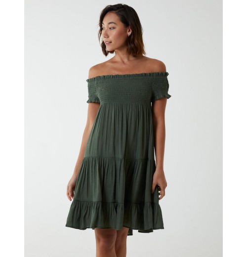 Bardot Shirred Neck Line Floaty Dress Bardot Shirred Neck Line Floaty Dress