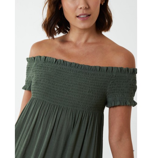 Bardot Shirred Neck Line Floaty Dress Bardot Shirred Neck Line Floaty Dress