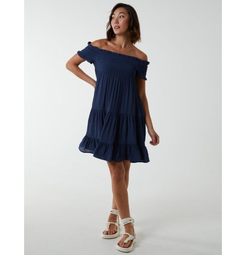 Bardot Shirred Neck Line Floaty Dress Bardot Shirred Neck Line Floaty Dress