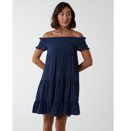 Bardot Shirred Neck Line Floaty Dress Bardot Shirred Neck Line Floaty Dress