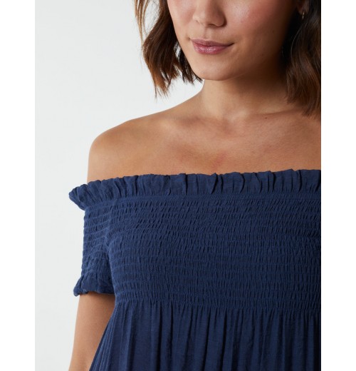 Bardot Shirred Neck Line Floaty Dress Bardot Shirred Neck Line Floaty Dress