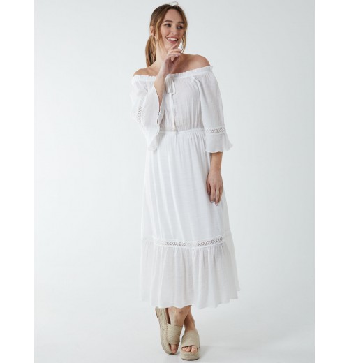 Off Shoulder Elasticated Lace Insert Midi Dress Off Shoulder Elasticated Lace Insert Midi Dress