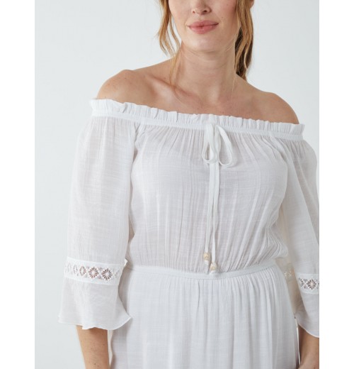 Off Shoulder Elasticated Lace Insert Midi Dress Off Shoulder Elasticated Lace Insert Midi Dress