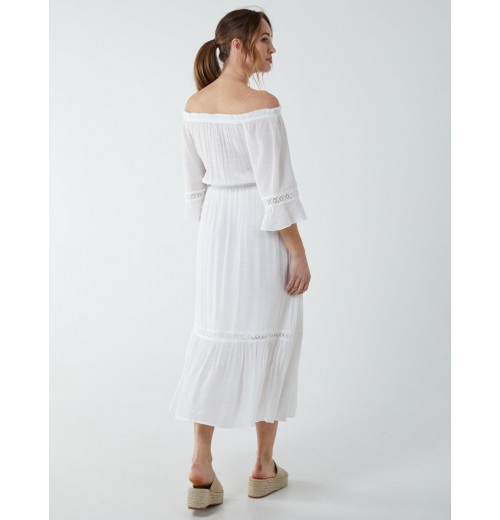 Off Shoulder Elasticated Lace Insert Midi Dress Off Shoulder Elasticated Lace Insert Midi Dress