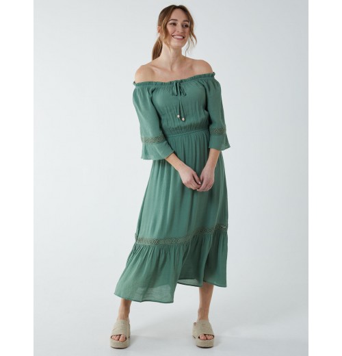 Off Shoulder Elasticated Lace Insert Midi Dress Off Shoulder Elasticated Lace Insert Midi Dress