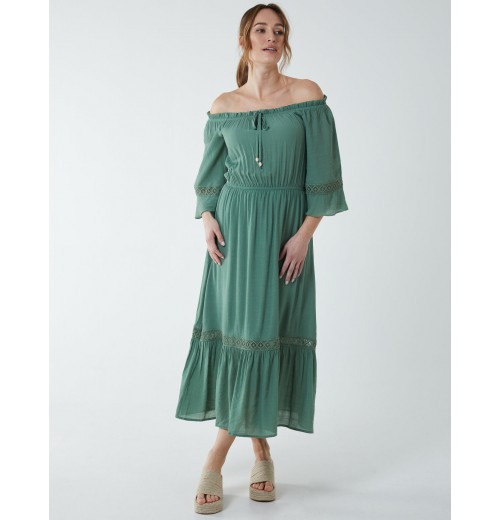 Off Shoulder Elasticated Lace Insert Midi Dress Off Shoulder Elasticated Lace Insert Midi Dress