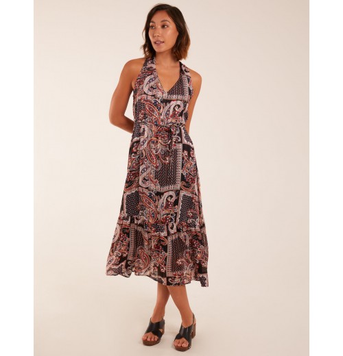 V Front Sleeveless Paisley Midi Dress With Detailed Straps V Front Sleeveless Paisley Midi Dress With Detailed Straps