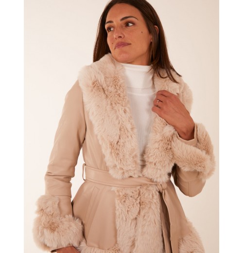 Faux Fur PU Coat With Belt Faux Fur PU Coat With Belt