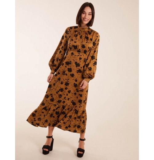 High Neck Midi Dress With Tiered Skirt and Puff Long Sleeve High Neck Midi Dress With Tiered Skirt and Puff Long Sleeve