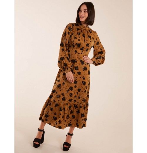 High Neck Midi Dress With Tiered Skirt and Puff Long Sleeve High Neck Midi Dress With Tiered Skirt and Puff Long Sleeve
