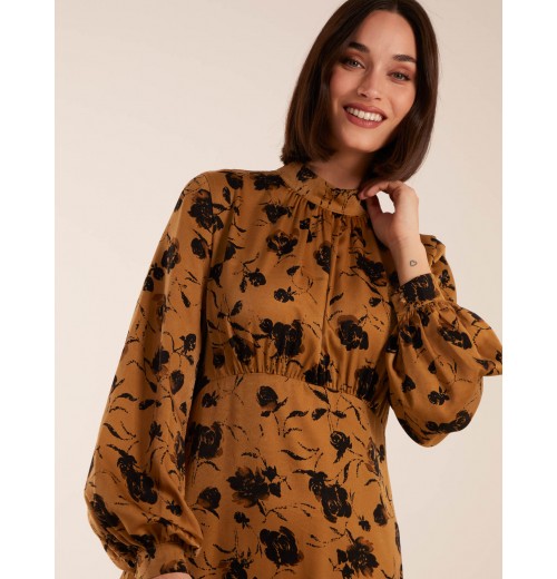 High Neck Midi Dress With Tiered Skirt and Puff Long Sleeve High Neck Midi Dress With Tiered Skirt and Puff Long Sleeve