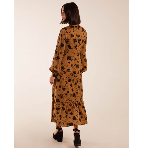 High Neck Midi Dress With Tiered Skirt and Puff Long Sleeve High Neck Midi Dress With Tiered Skirt and Puff Long Sleeve