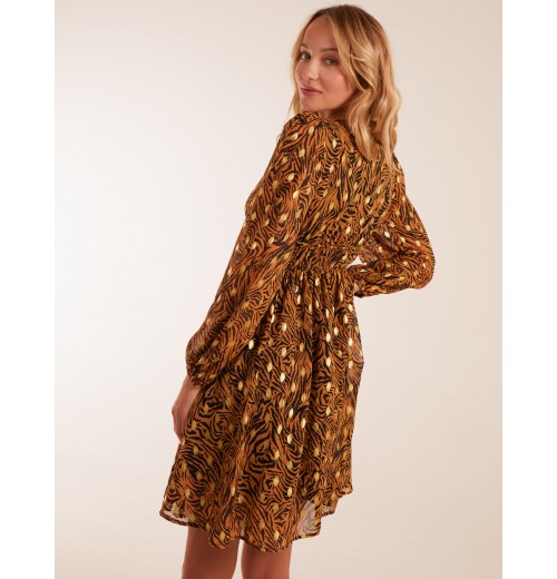 Shirred Waist Leopard Foil Wrap Front Mini Dress Shirred Waist Leopard Foil Wrap Front Mini Dress