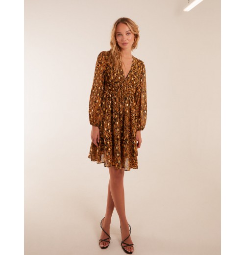 Shirred Waist Leopard Foil Wrap Front Mini Dress Shirred Waist Leopard Foil Wrap Front Mini Dress