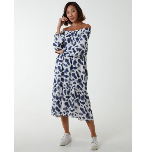 Square Smock Bardot Tiered Midi Dress Square Smock Bardot Tiered Midi Dress