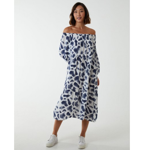 Square Smock Bardot Tiered Midi Dress Square Smock Bardot Tiered Midi Dress