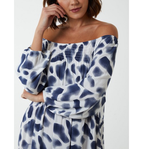 Square Smock Bardot Tiered Midi Dress Square Smock Bardot Tiered Midi Dress