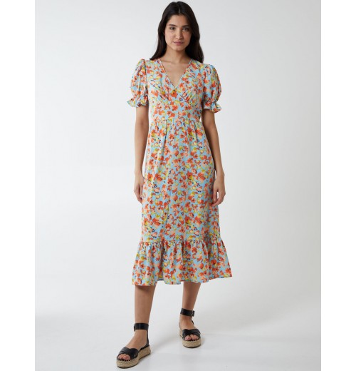V Front Puff Sleeve Midi Dress V Front Puff Sleeve Midi Dress