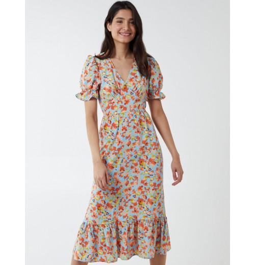 V Front Puff Sleeve Midi Dress V Front Puff Sleeve Midi Dress