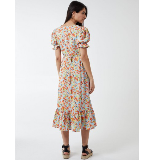 V Front Puff Sleeve Midi Dress V Front Puff Sleeve Midi Dress