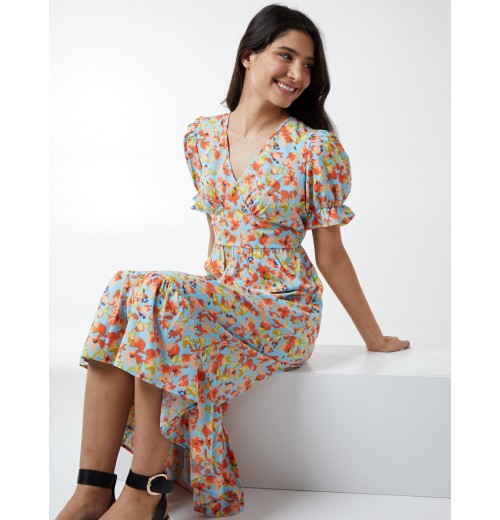 V Front Puff Sleeve Midi Dress V Front Puff Sleeve Midi Dress
