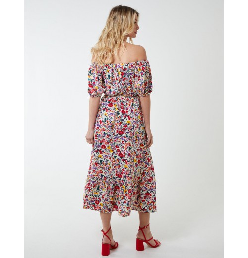 Bardot Midi Dress With Frill Hem Bardot Midi Dress With Frill Hem
