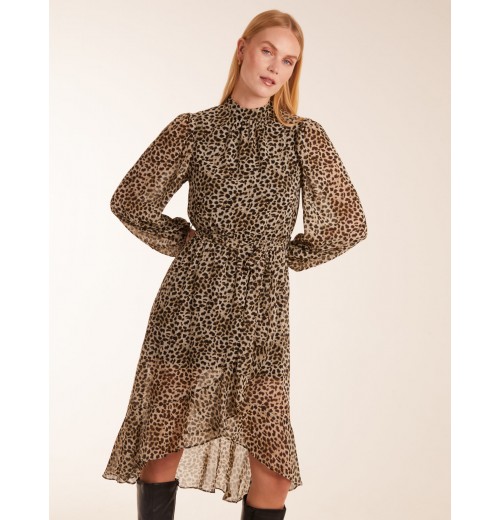 Leopard Print High Neck Wrap Frill Hem Midi Dress Leopard Print High Neck Wrap Frill Hem Midi Dress