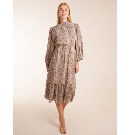 High Neck Pleated Sleeve Reptile Midi Dress High Neck Pleated Sleeve Reptile Midi Dress
