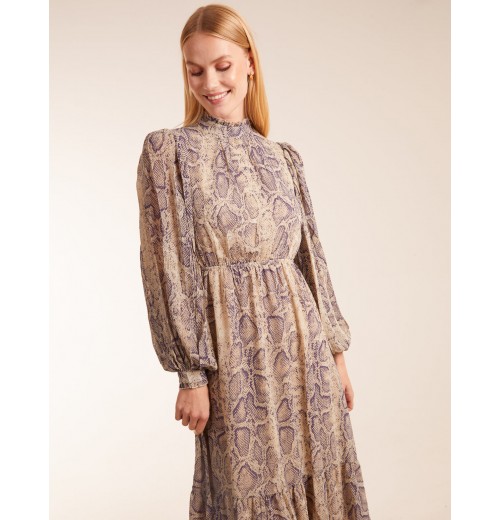 High Neck Pleated Sleeve Reptile Midi Dress High Neck Pleated Sleeve Reptile Midi Dress