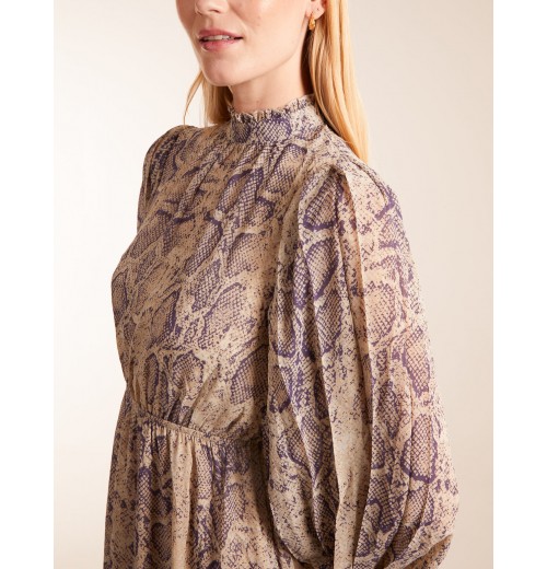 High Neck Pleated Sleeve Reptile Midi Dress High Neck Pleated Sleeve Reptile Midi Dress