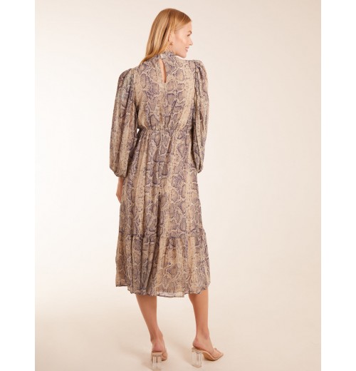 High Neck Pleated Sleeve Reptile Midi Dress High Neck Pleated Sleeve Reptile Midi Dress